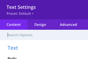close-up of a Divi text module that shows the three tabs for customization