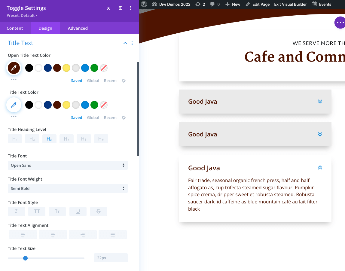 close-up of some settings within a Divi toggle module