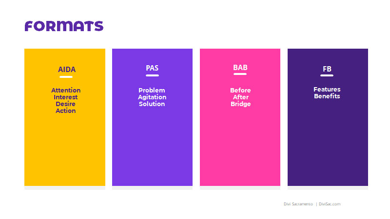 Structures of copywriting - AIDA, PAS, BAB and FB